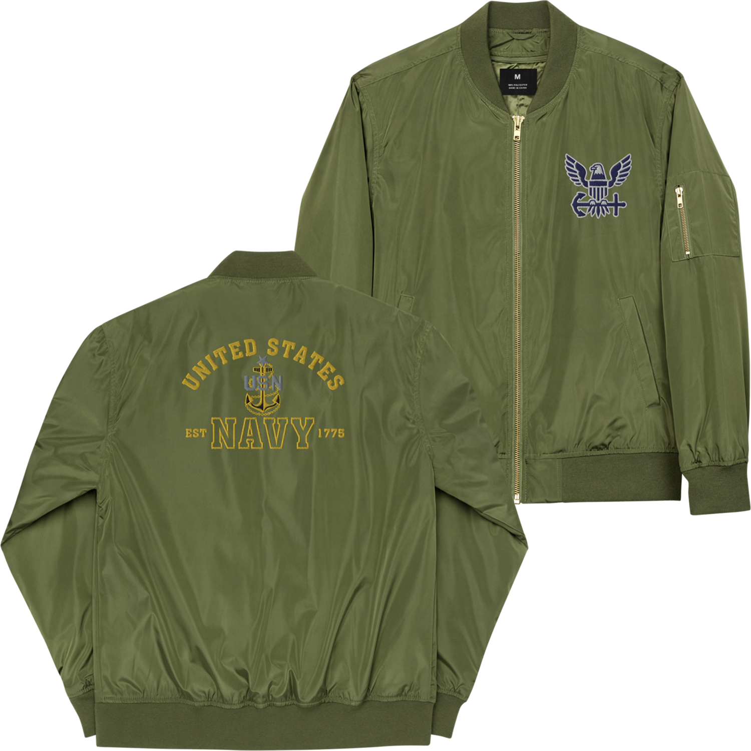 US Navy EST. 1775, Custom US Navy Ranks, Insignia On Back, Embroidered Recycled Bomber Jacket