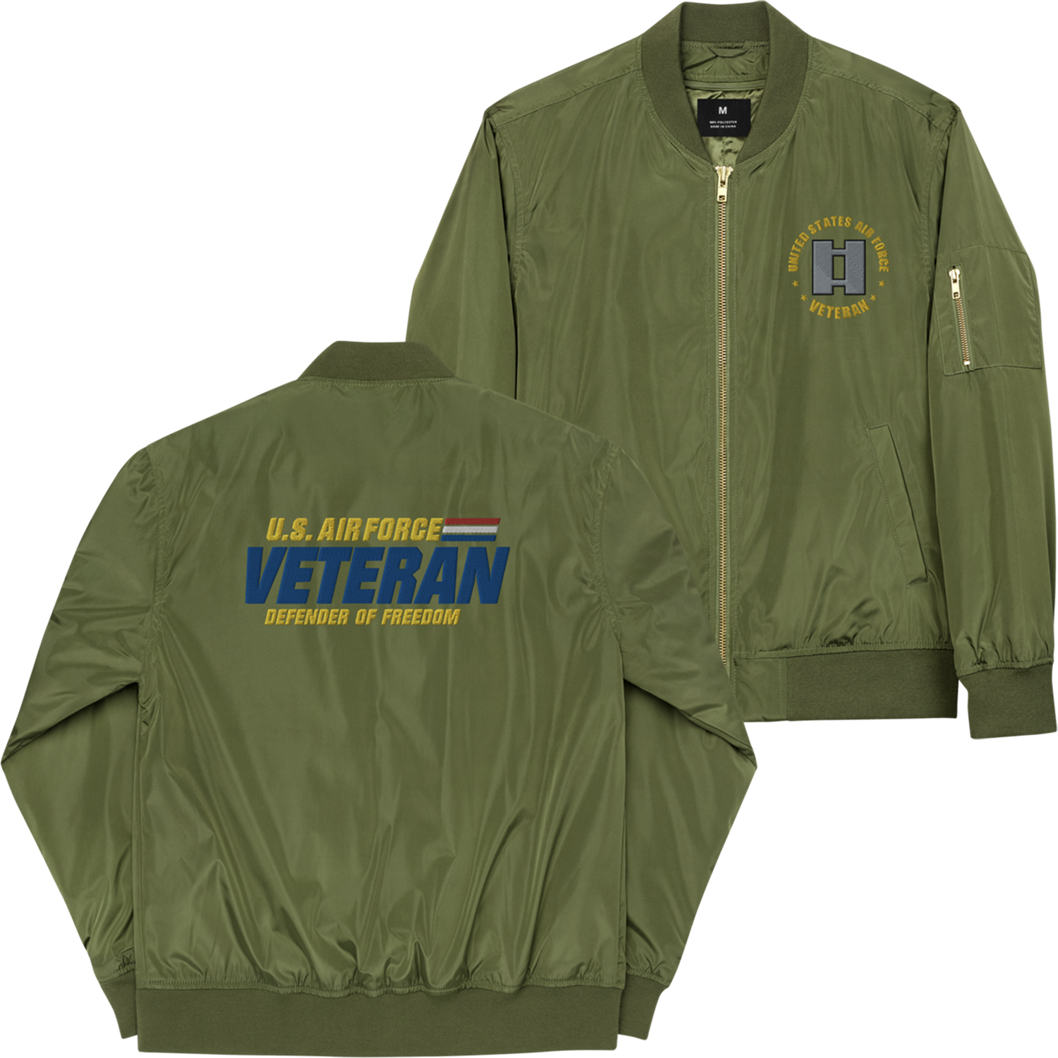 US Air Force Veteran Defender Of Freedom, Custom US Air Force Ranks, Insignia On Left Chest, Embroidered Recycled Bomber Jacket