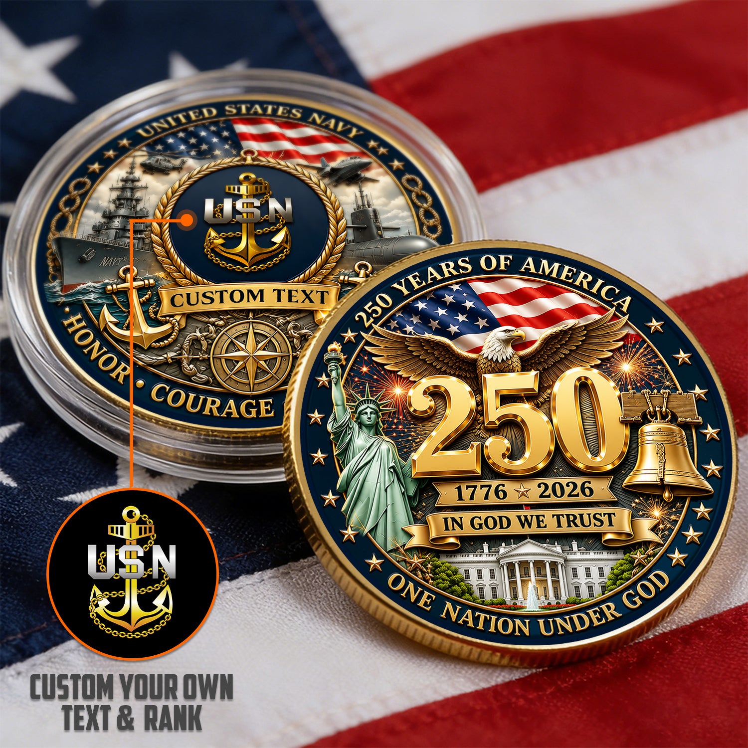 Personalized U.S. Navy 250th Anniversary Challenge Coin