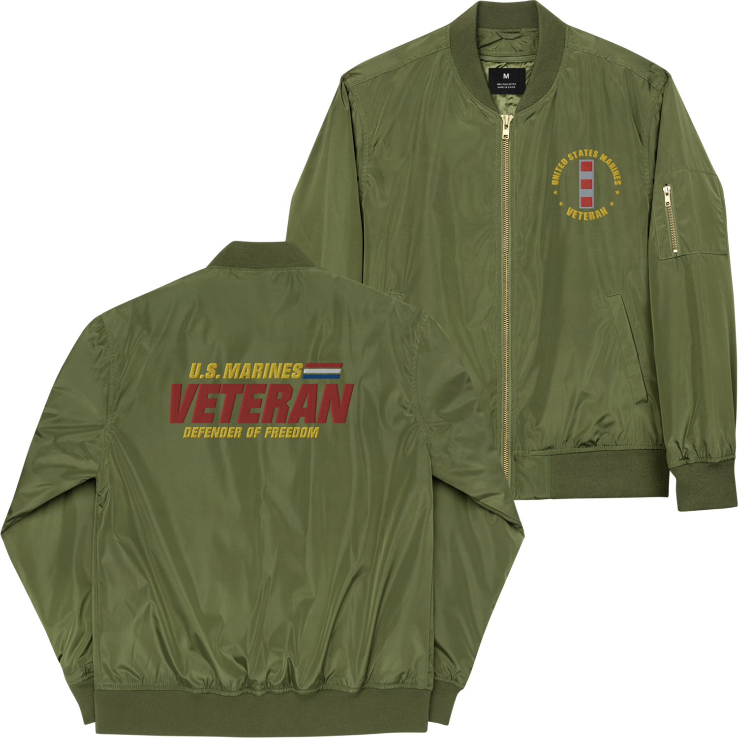 US Marines Veteran Defender Of Freedom, Custom US Marine Corps Ranks, Insignia On Left Chest, Embroidered Recycled Bomber Jacket