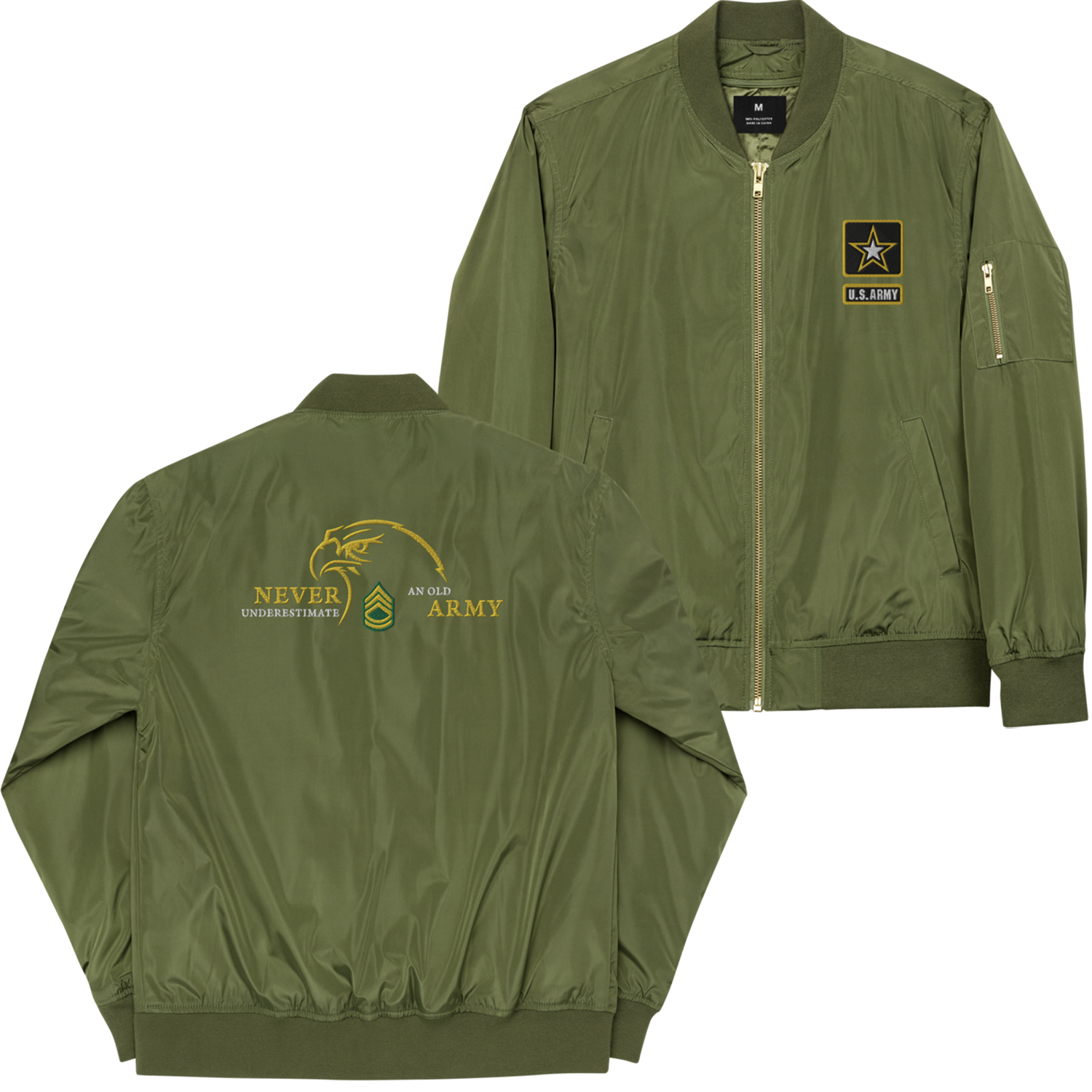 Never Underestimate An Old Army, Custom US Army Ranks, Insignia On Back, Embroidered Recycled Bomber Jacket