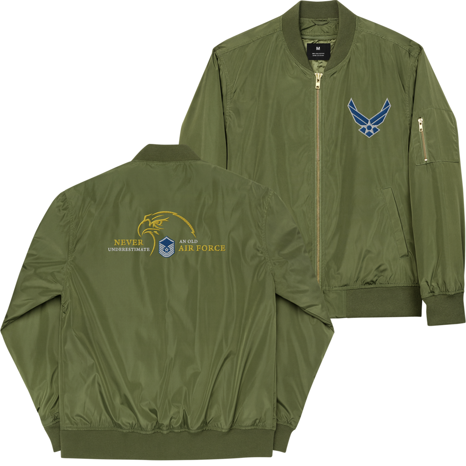 Never Underestimate An Old Air Force, Custom US Air Force Ranks, Insignia On Back, Embroidered Recycled Bomber Jacket