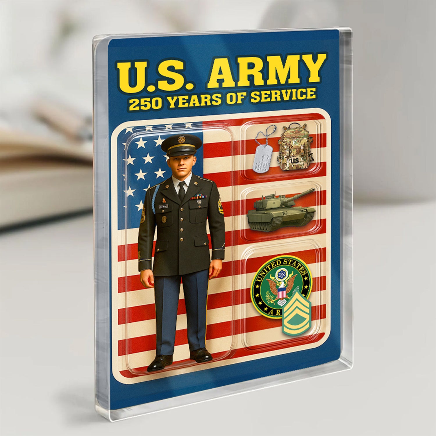 Personalized US Army 250th Years Of Service Custom Figure Male Army Enlisted Service Uniform Acrylic Block