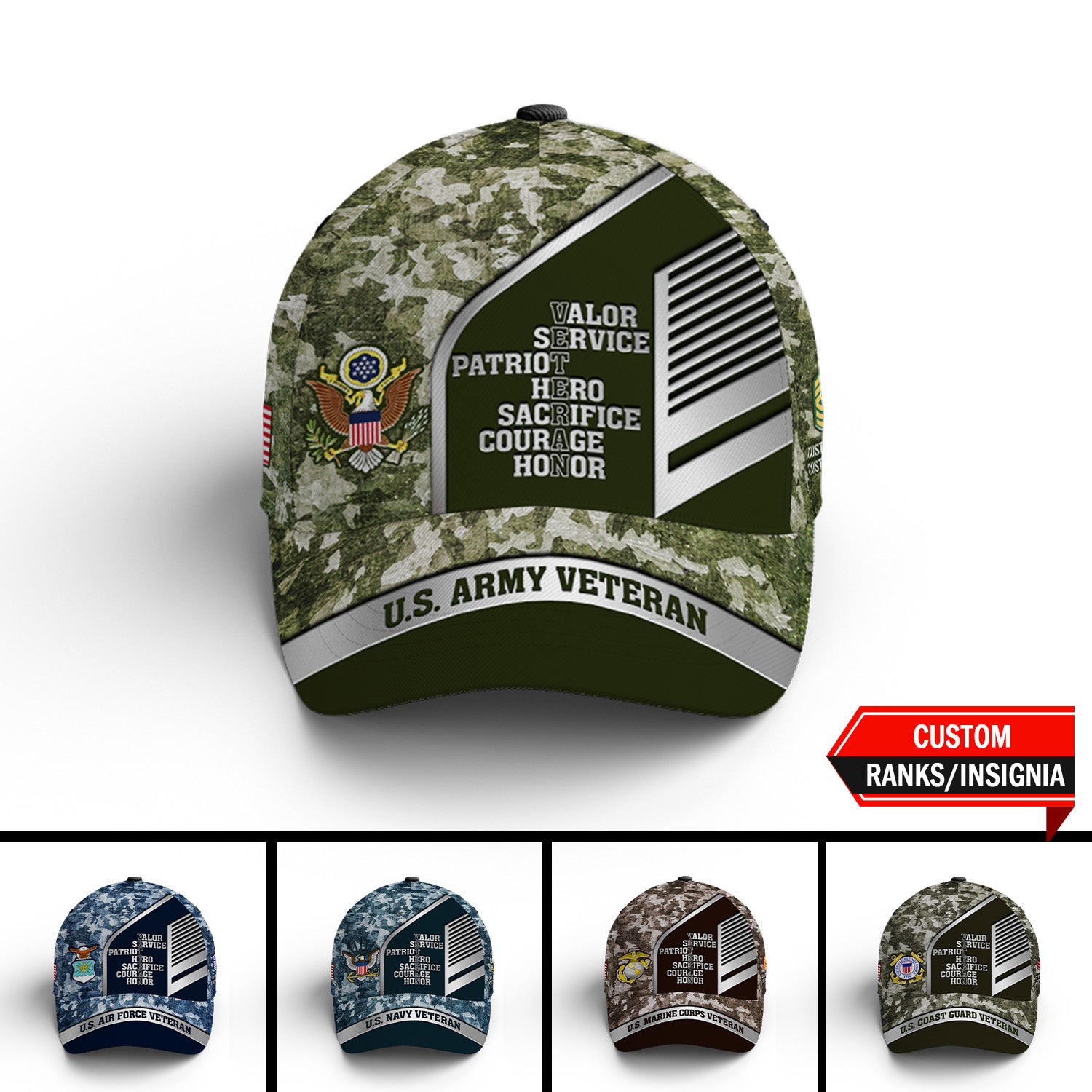 Custom Ranks/Insignia, Personalized Name And Years Served All Over Prints Premium Classic Cap JAOVC16