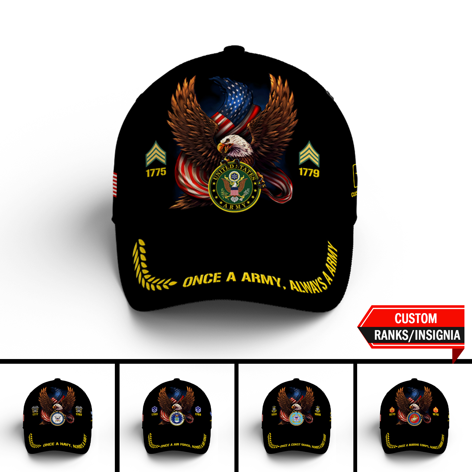 Custom Ranks/Insignia, Personalized Name And Years Served All Over Prints Premium Classic Cap JAOVC15