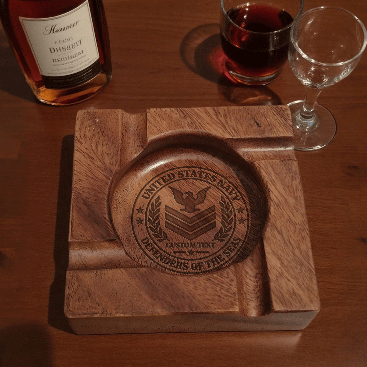 Custom Navy Wooden Ashtray Personalized Rank and Custom Text Gift