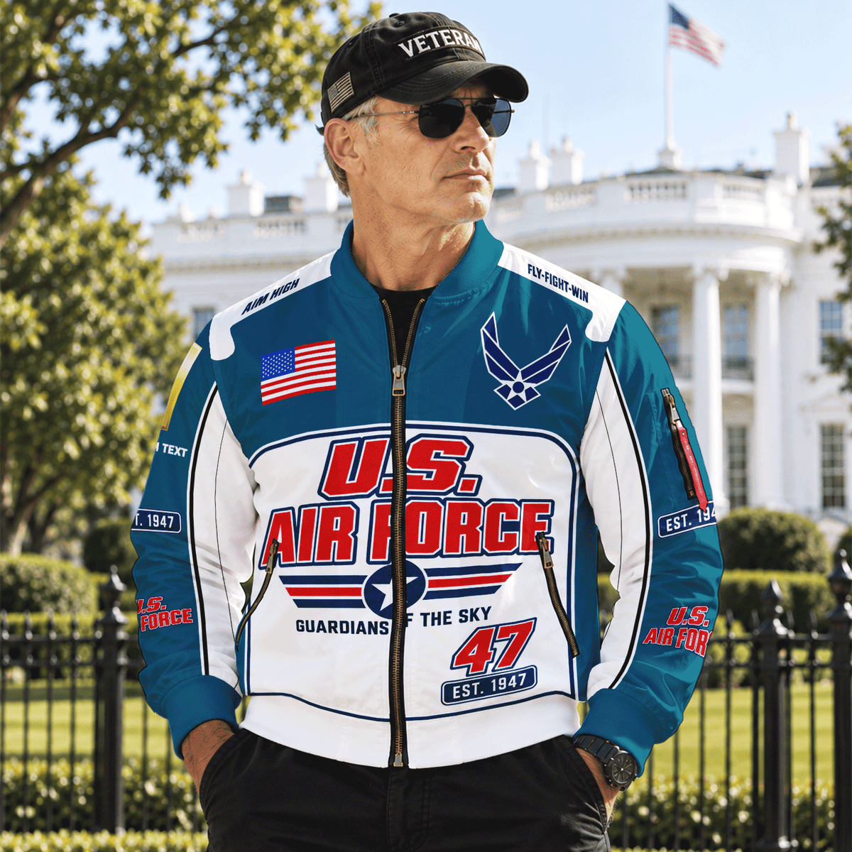 Personalized U.S. Air Force Bomber Jacket Custom Veteran Rank Service Text