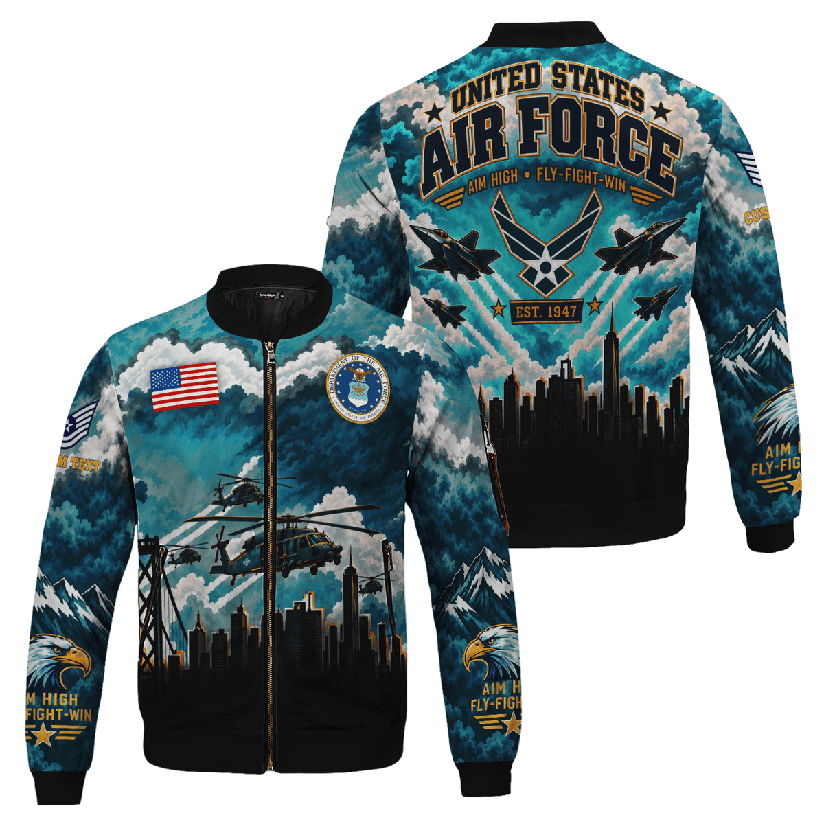 Custom USAF Military Jacket Personalized Airman Rank Text All-Over Print Bomber