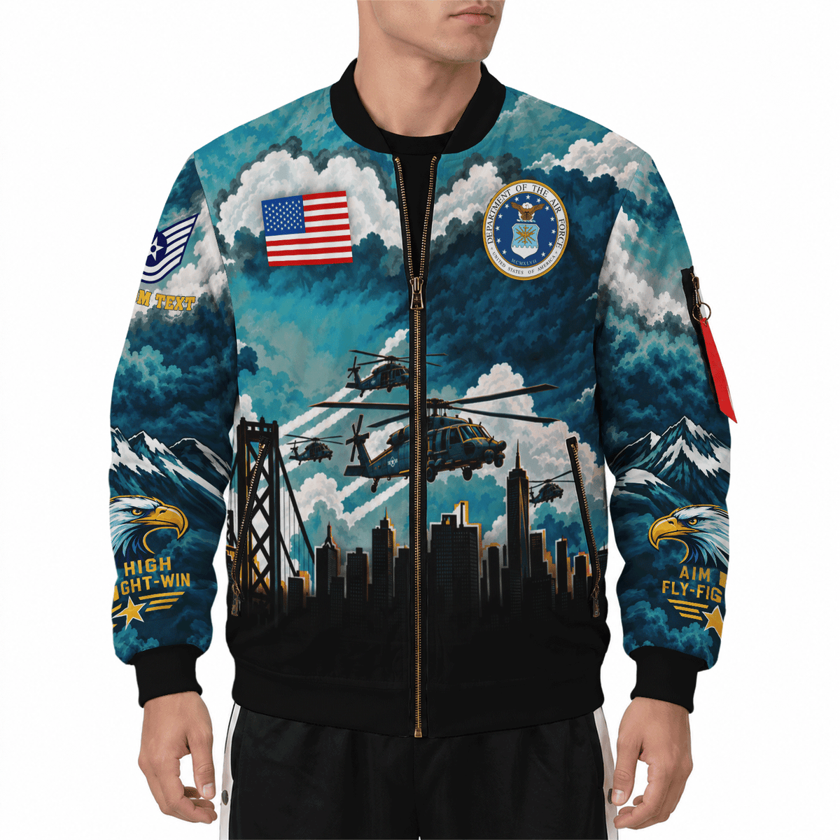 Custom USAF Military Jacket Personalized Airman Rank Text All-Over Print Bomber