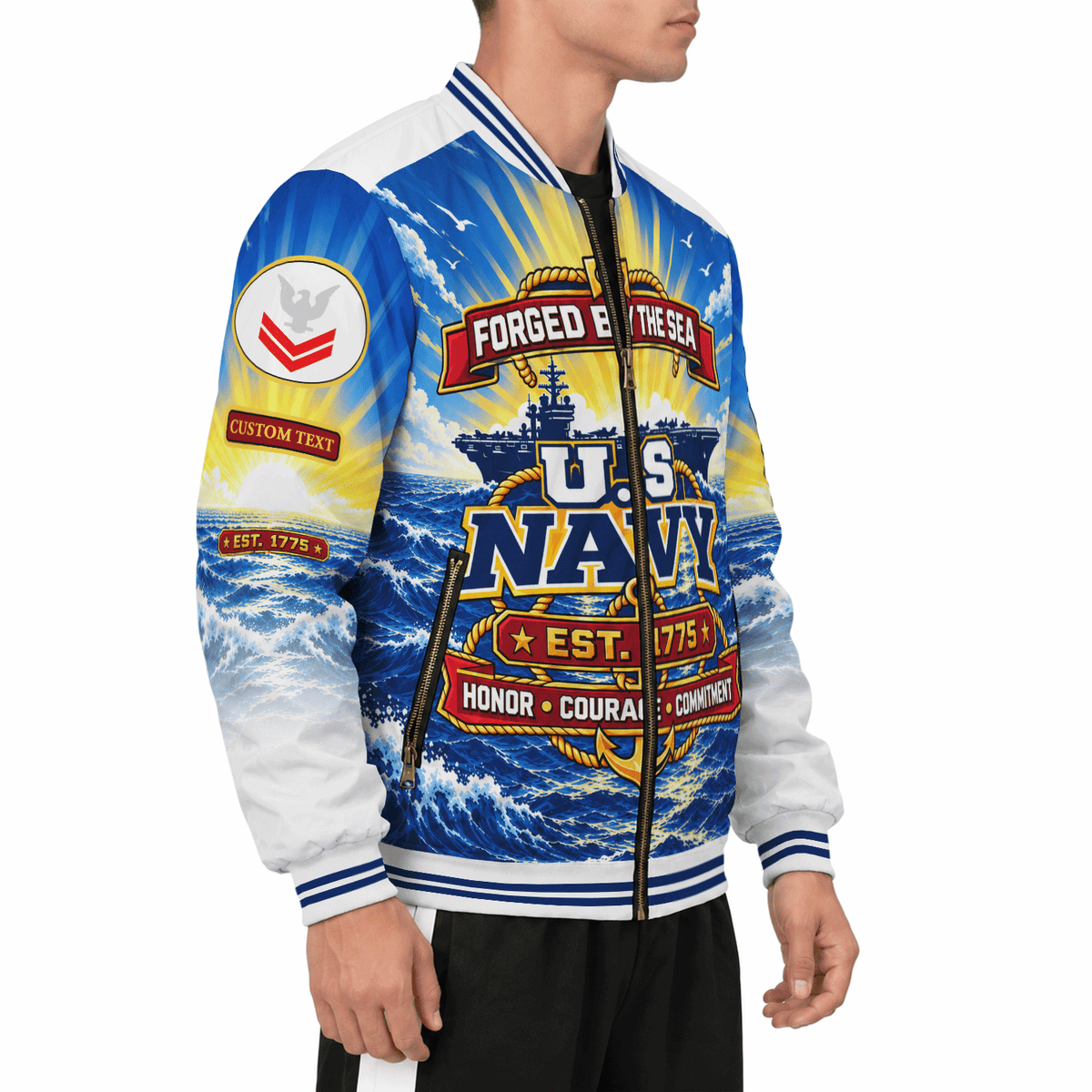 Personalized Navy Fleet Bomber Jacket Custom Military Rank & Service Text
