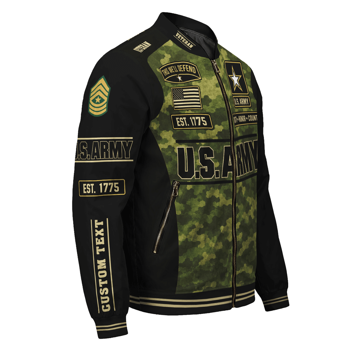 Personalized Army Veteran Bomber Jacket Custom Service Rank & Name