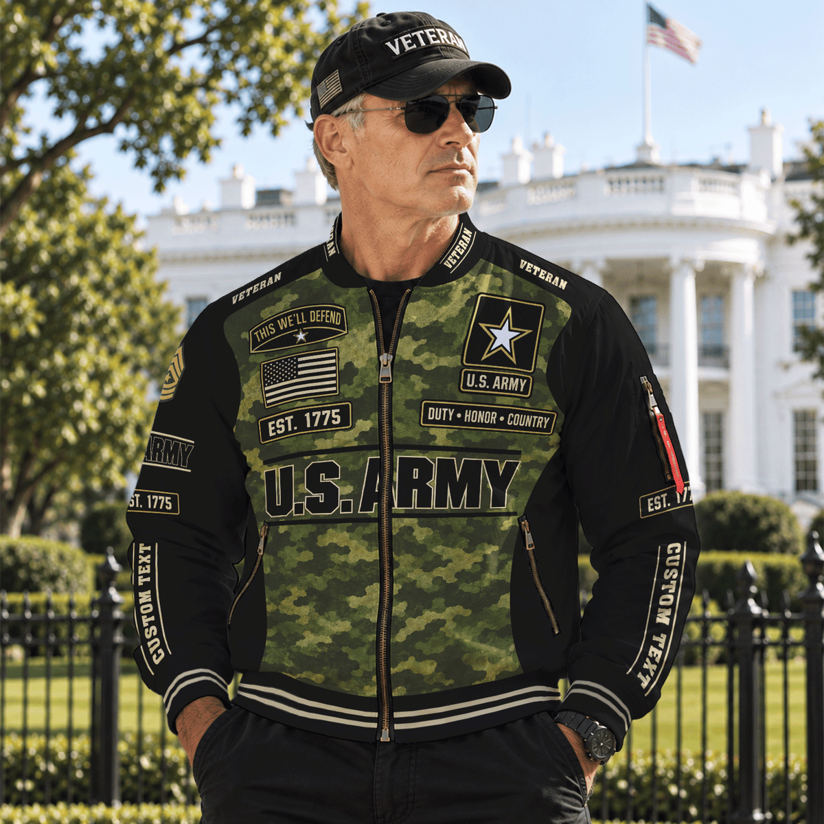 Personalized Army Veteran Bomber Jacket Custom Service Rank & Name