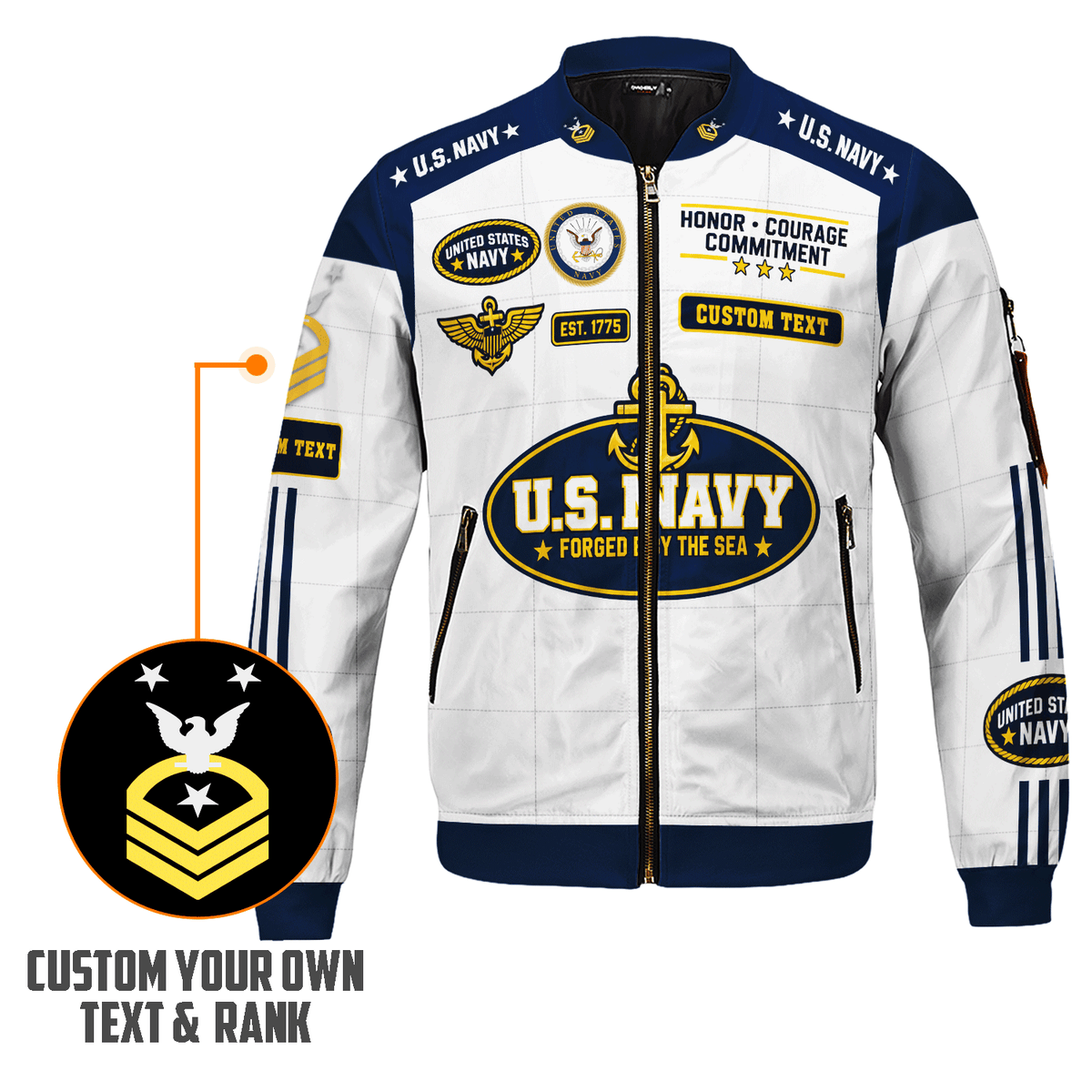 Personalized Navy Veteran Bomber Jacket Custom Service Rank & Name