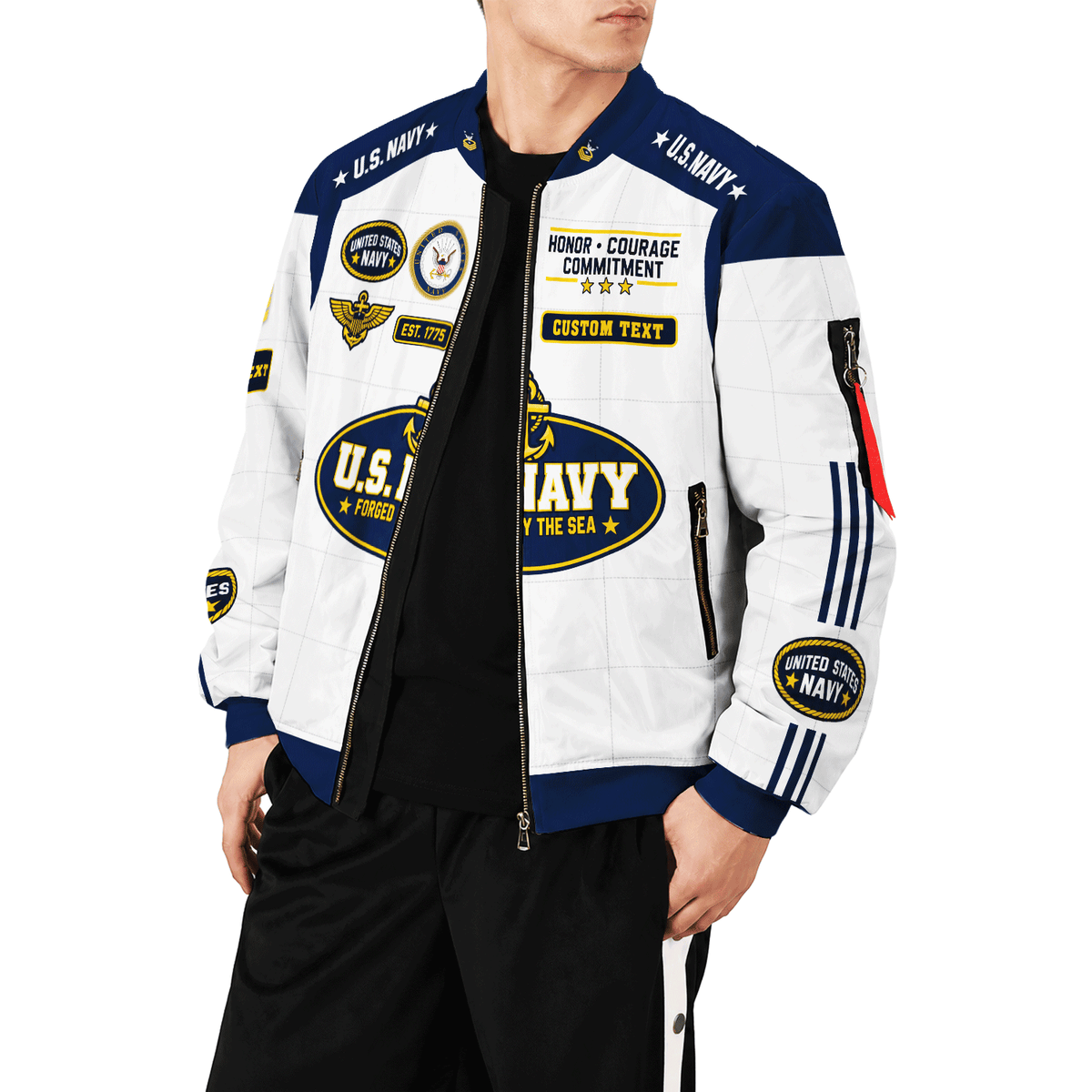 Personalized Navy Veteran Bomber Jacket Custom Service Rank & Name