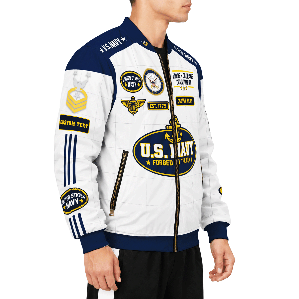 Personalized Navy Veteran Bomber Jacket Custom Service Rank & Name