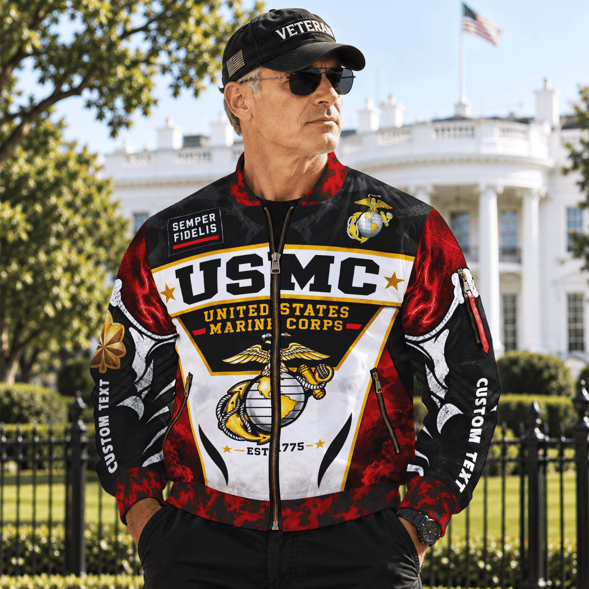 Custom USMC Veteran Bomber Jacket Personalized Name Rank Marine Gift