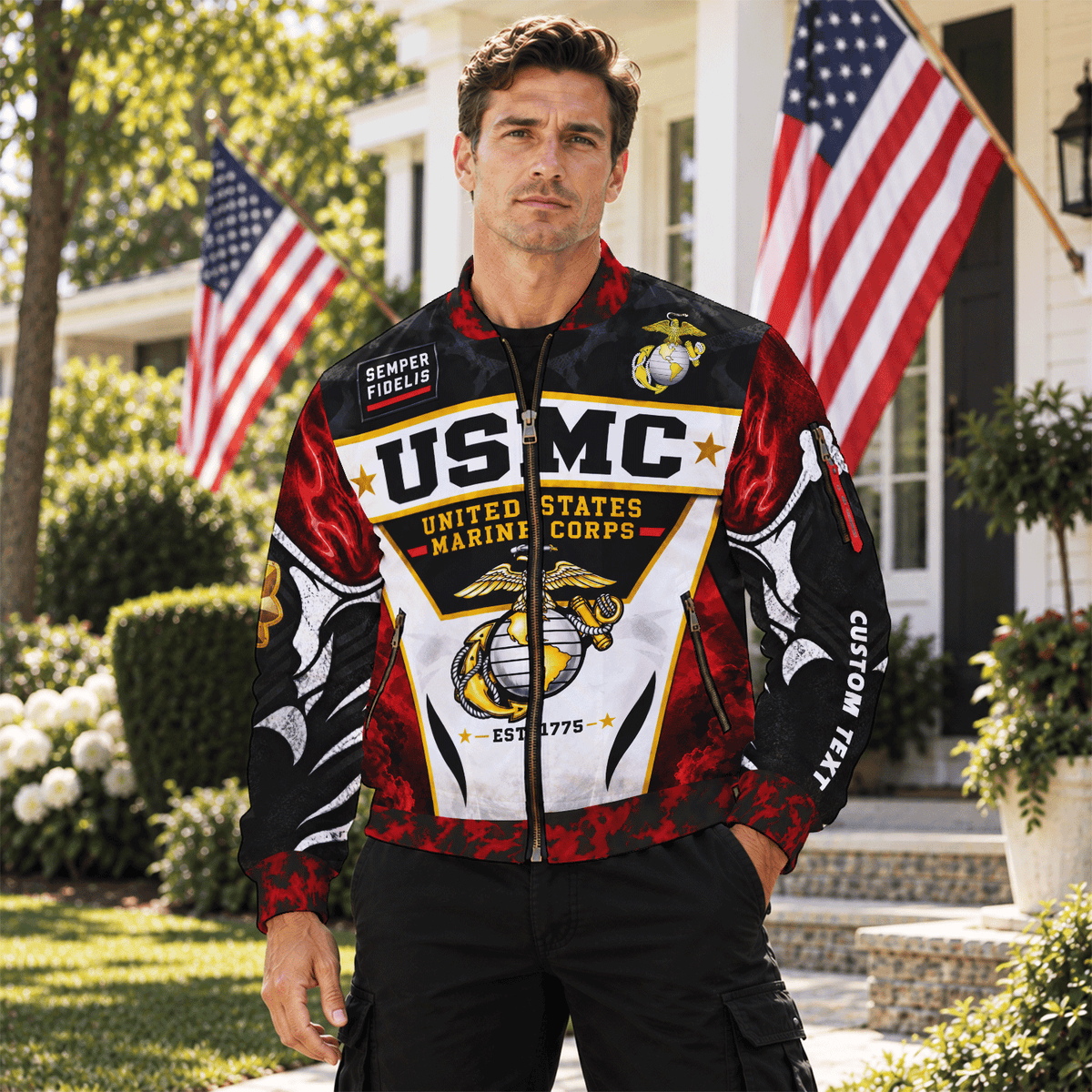 Custom USMC Veteran Bomber Jacket Personalized Name Rank Marine Gift