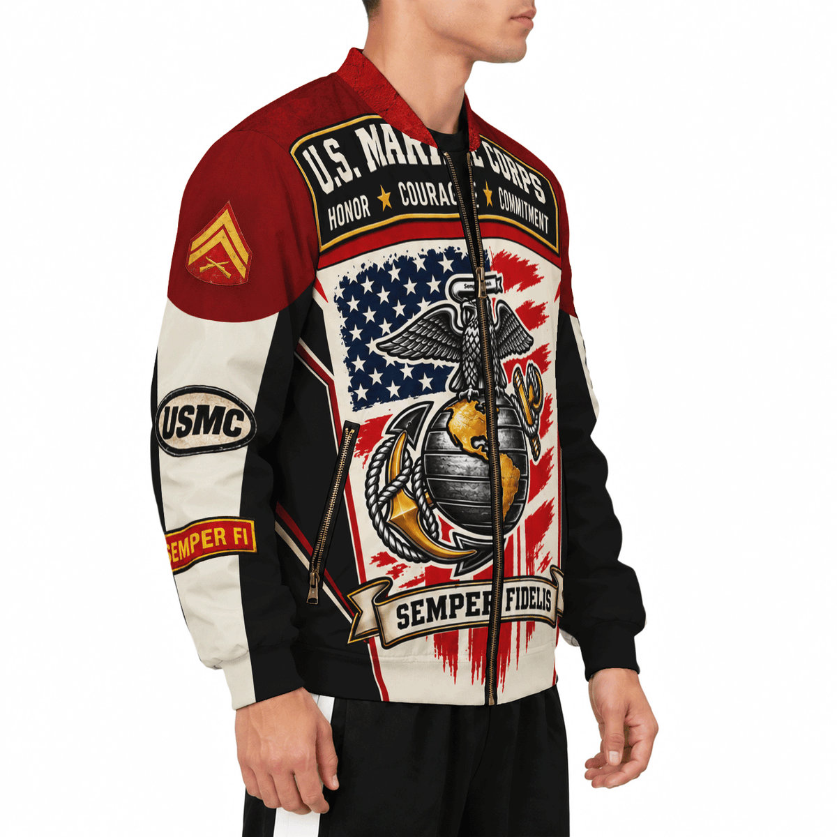 Personalized U.S. Marine Corps Bomber Jacket Custom Rank & Text Veteran Gift