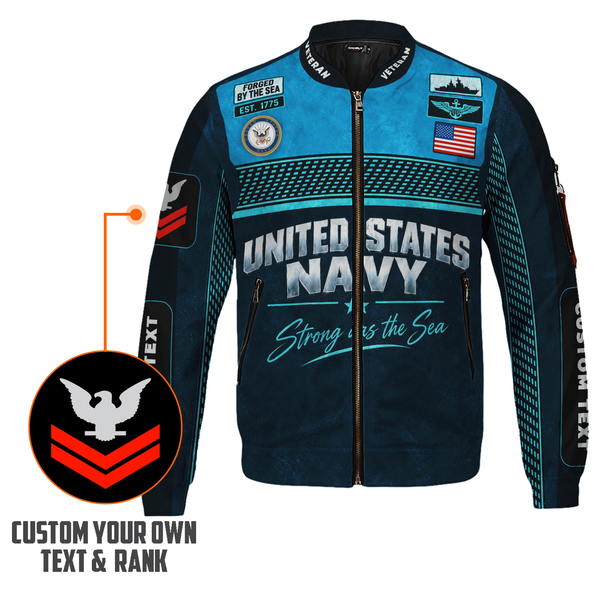 U.S. Navy Sailor Bomber Jacket Personalized Rank Text Military Apparel