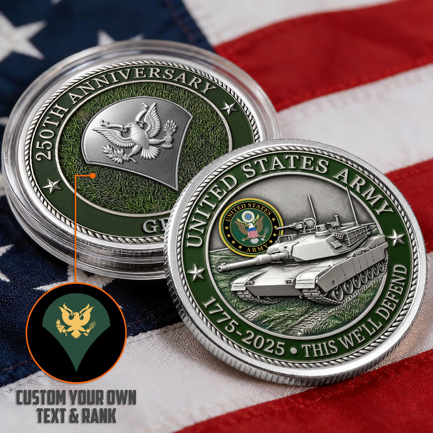 Army 250th Anniversary Custom Rank Name 3D Challenge Coin Gift