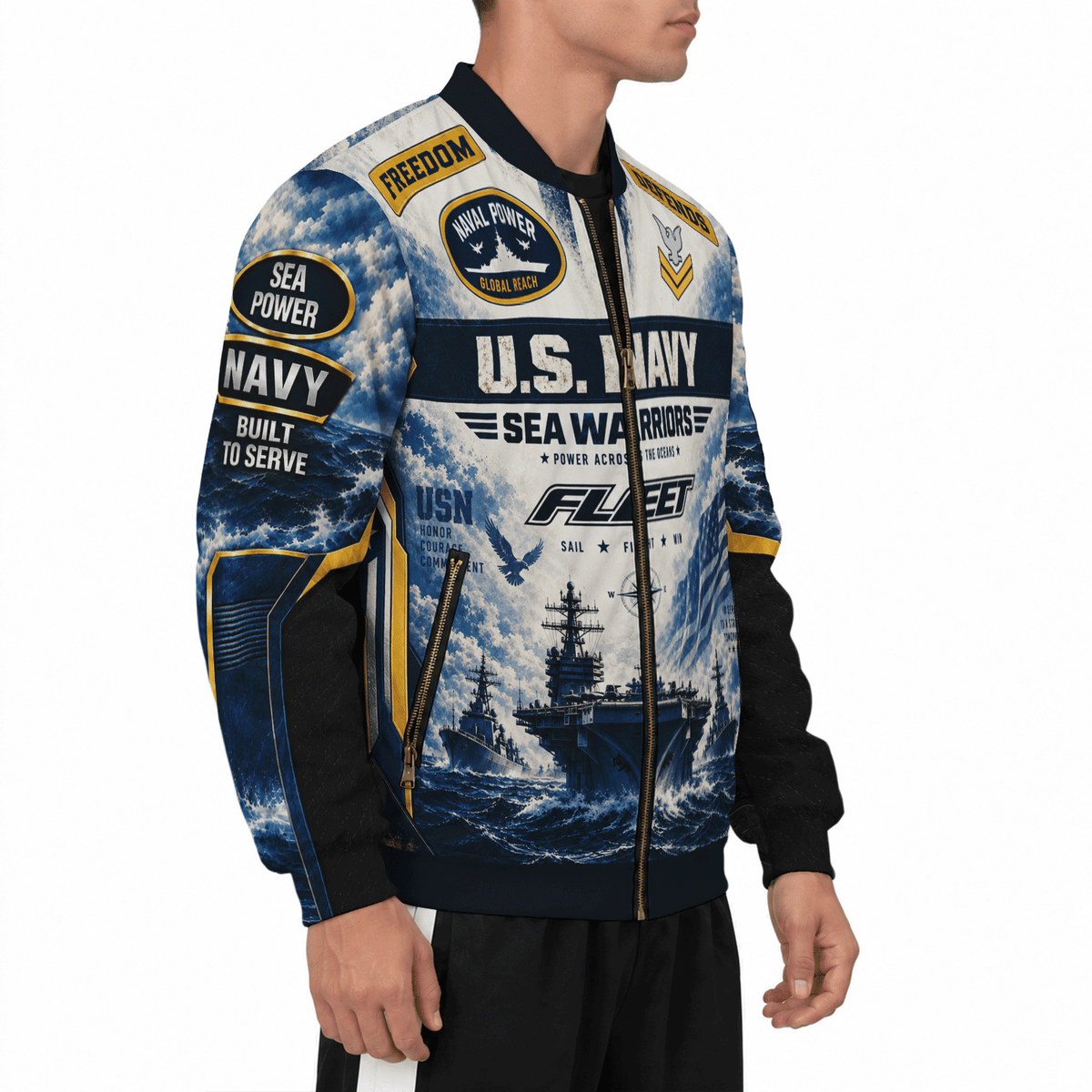 Custom U.S. Navy Military Bomber Jacket with Personalized Rank Text