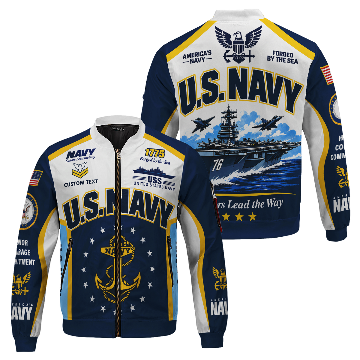 US Navy Sailor Veteran Bomber Jacket Custom Name Rank Personalized Apparel