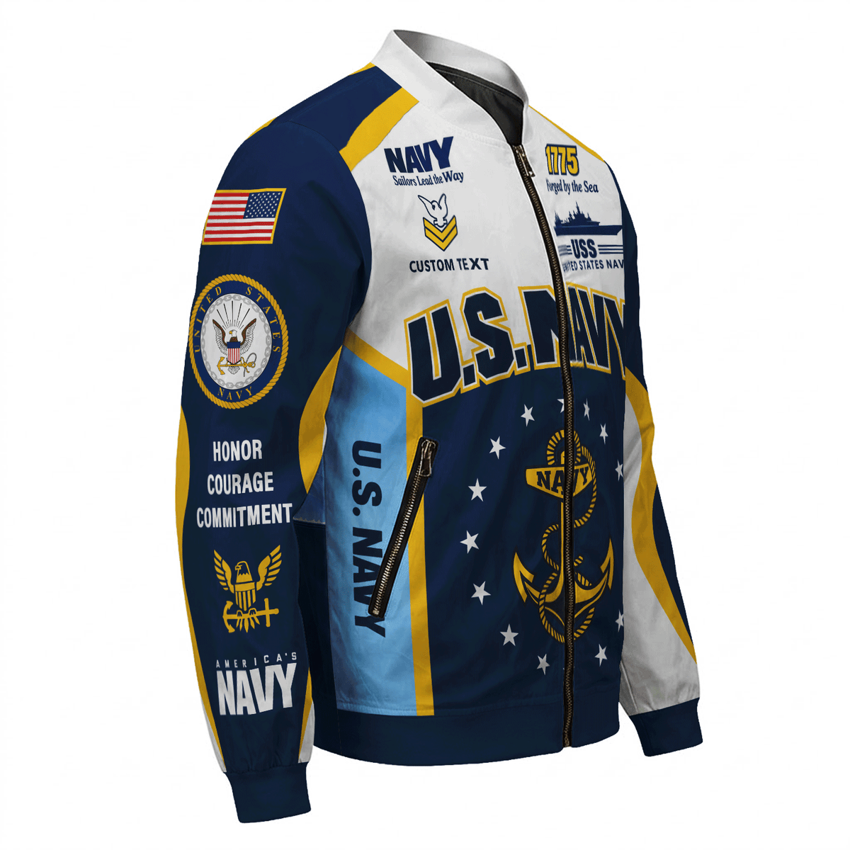 US Navy Sailor Veteran Bomber Jacket Custom Name Rank Personalized Apparel