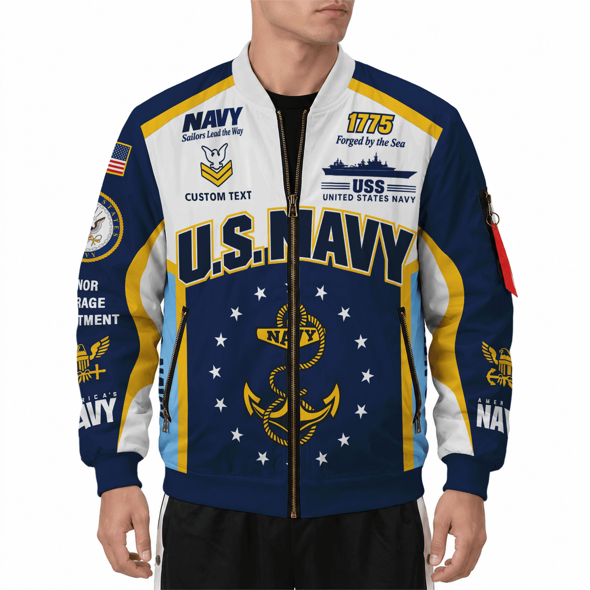 US Navy Sailor Veteran Bomber Jacket Custom Name Rank Personalized Apparel