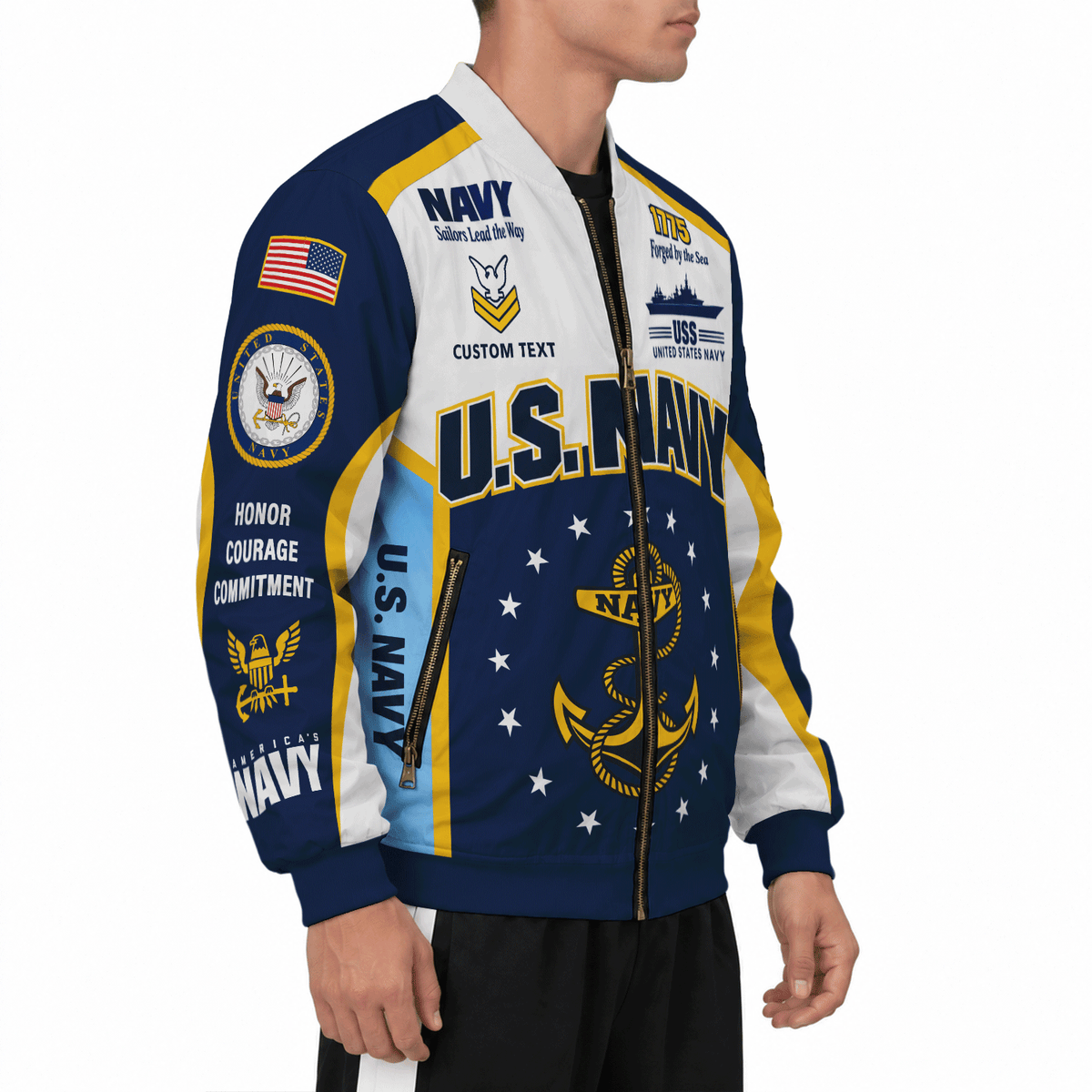 US Navy Sailor Veteran Bomber Jacket Custom Name Rank Personalized Apparel