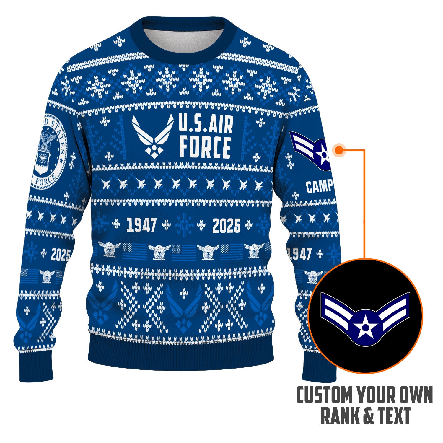 Custom Ranks And Text US Air Force Ugly Christmas Sweater for Women Men KAUST01