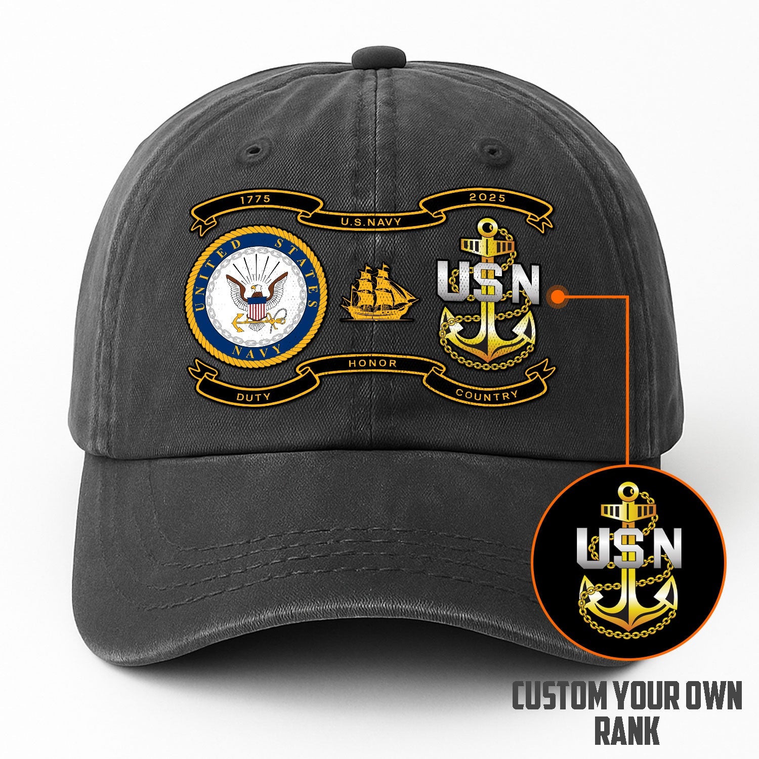 Custom Ranks US Navy Premium Washed Denim Cap DC005