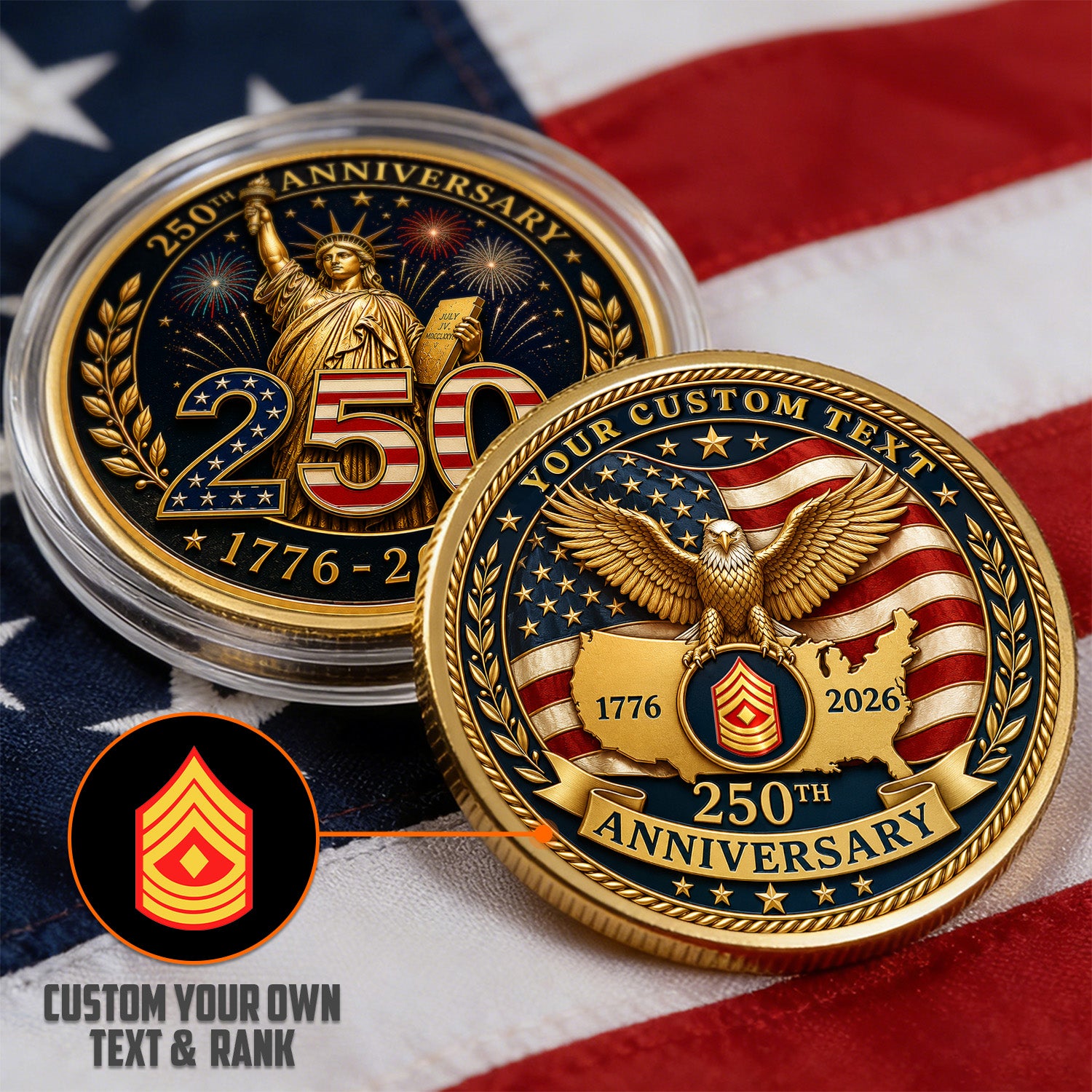 Custom USMC Rank Name USA 250 Years 3D Challenge Coin Gift