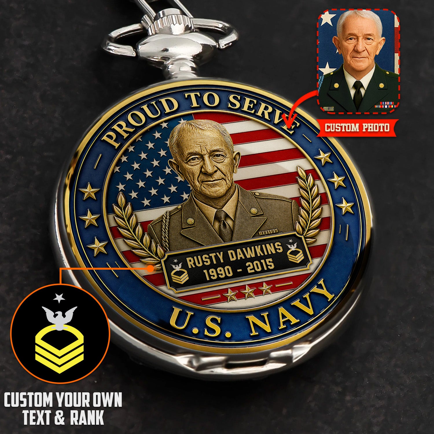 US Navy Anniversary Pocket Watch Personalized Name and Rank