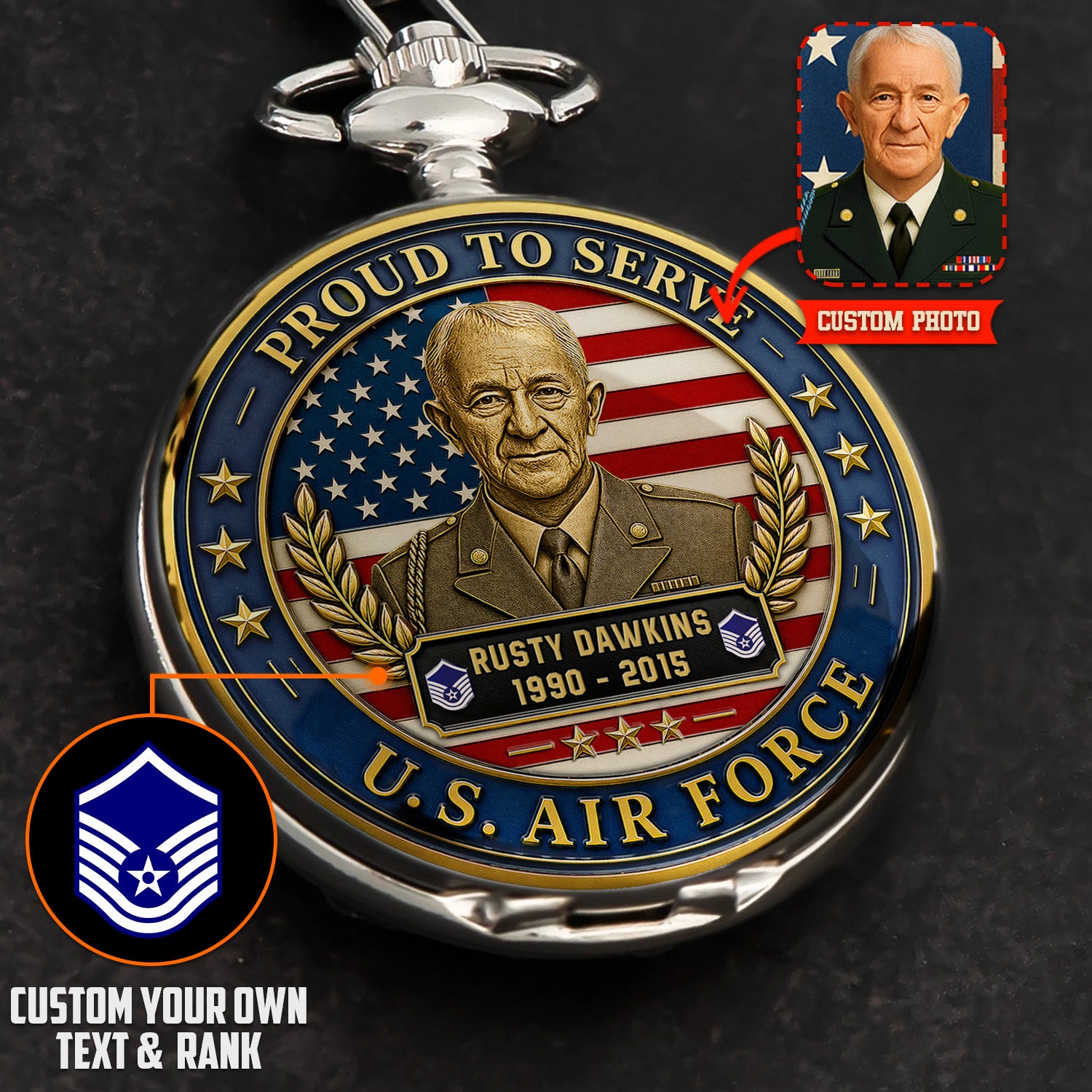 Custom Air Force Rank Name Pocket Watch Retirement Gift