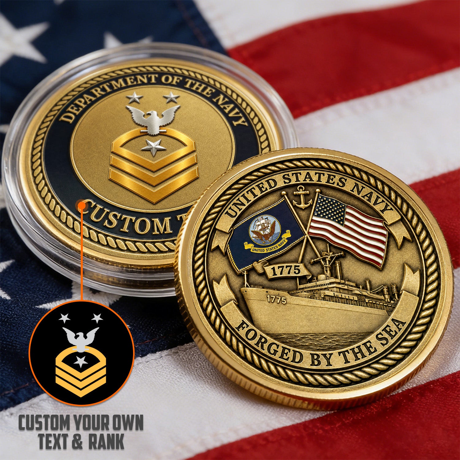 US Navy Custom Rank and Text 3D Challenge Coin Tribute