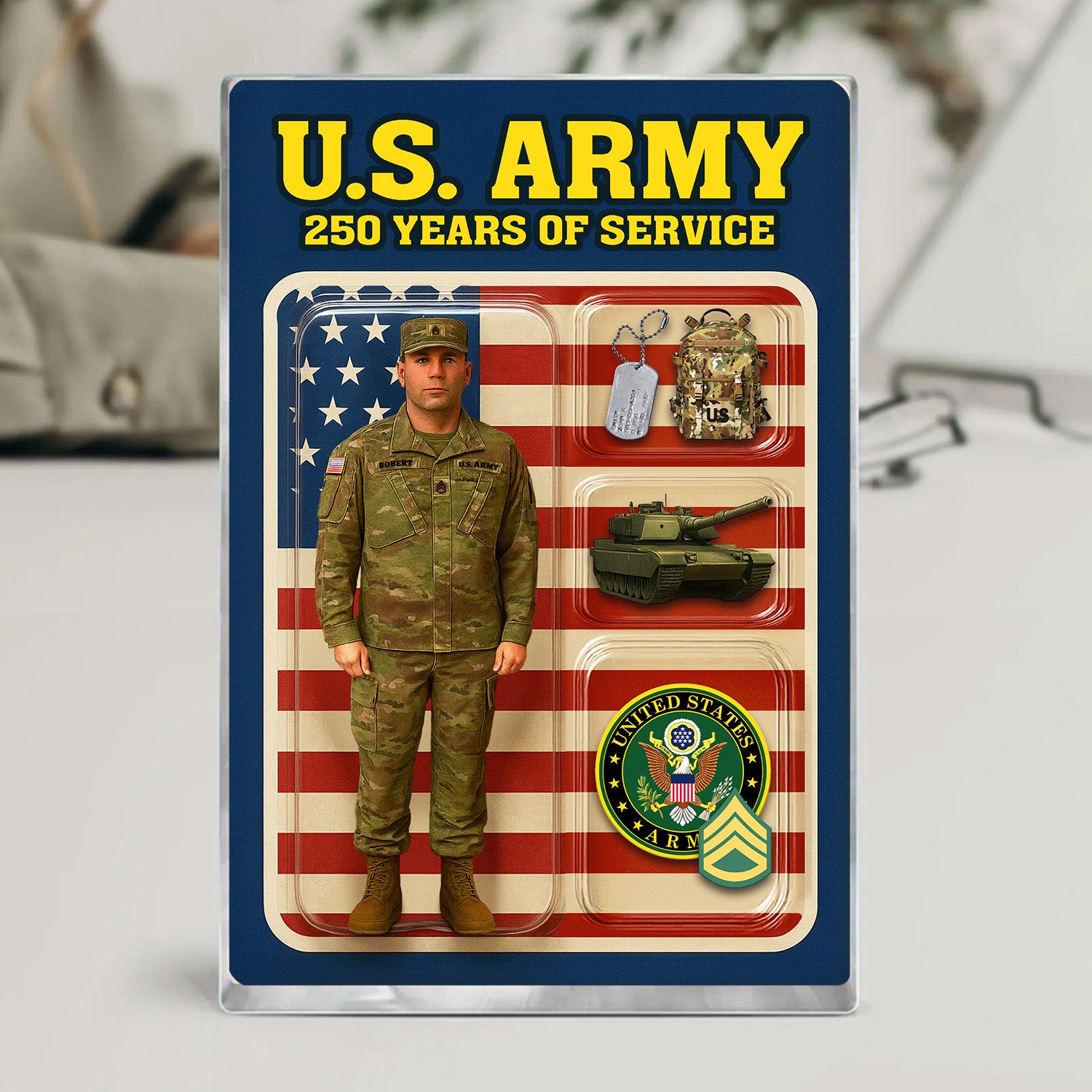 Personalized US Army 250th Years Of Service Custom Figure Army Combat Uniform Acrylic Block