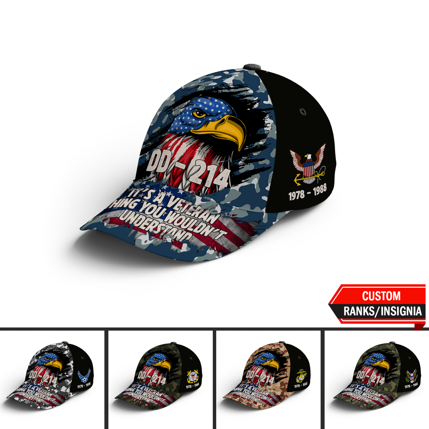 Custom Ranks/Insignia, Personalized Name And Years Served All Over Prints Premium Classic Cap KAOVC18