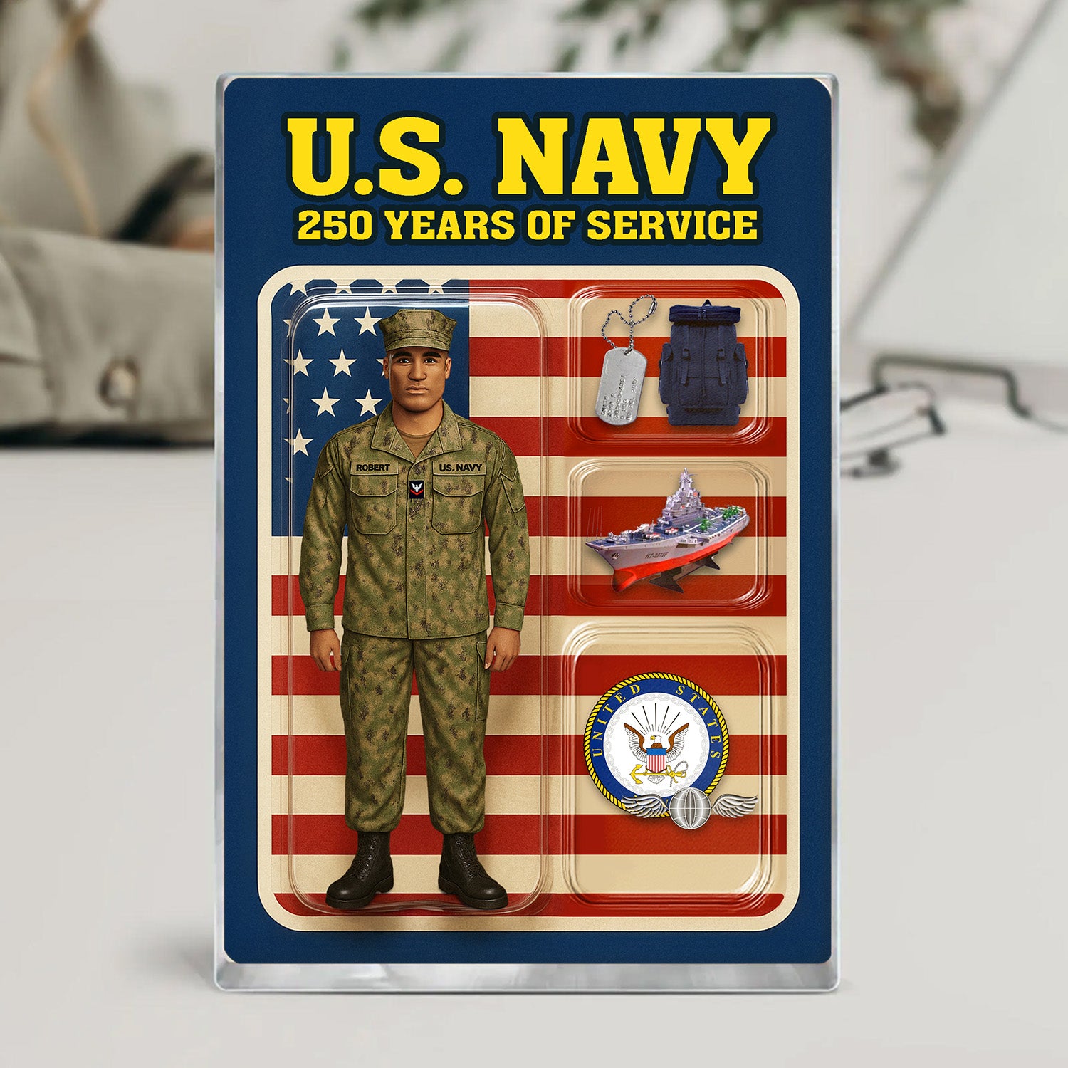 Personalized US Navy 250th Years Of Service Custom Figure Enlisted Working Uniform Acrylic Block