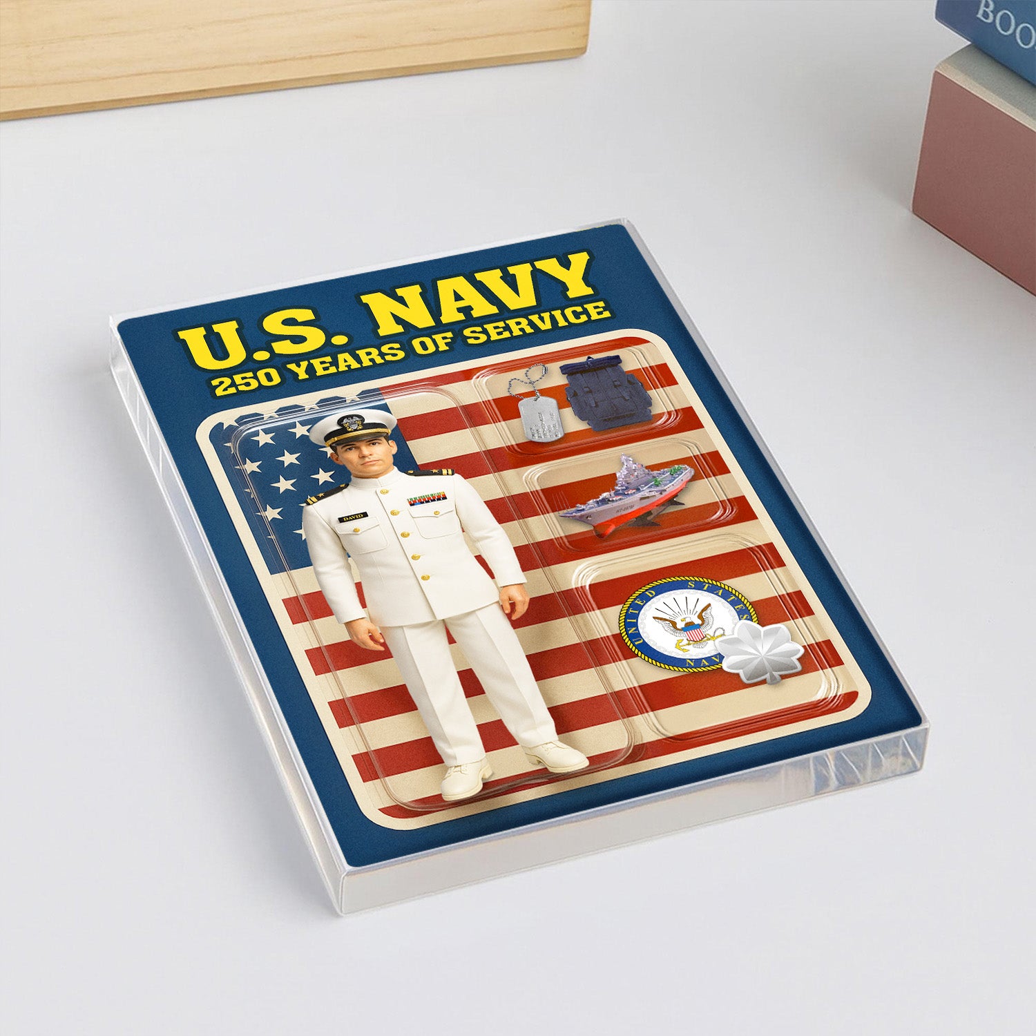 Personalized US Navy 250th Years Of Service Custom Figure Service Dress White Acrylic Block