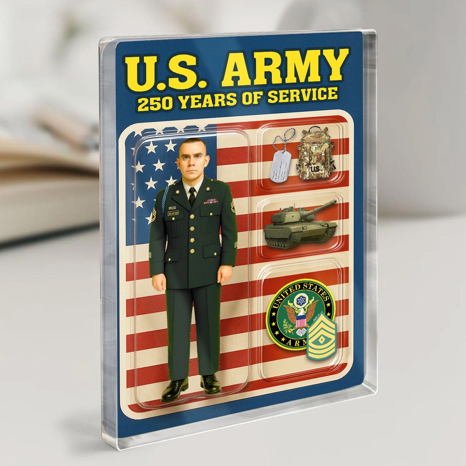 Personalized US Army 250th Years Of Service Custom Figure Male Enlisted Army Green Uniform Acrylic Block