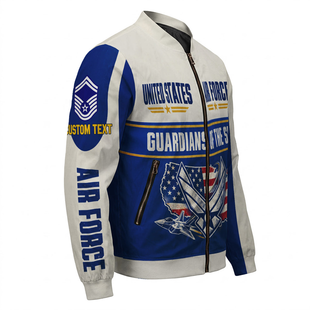 Personalized USAF Airman Bomber Jacket Custom Rank Text Military Veteran Gift