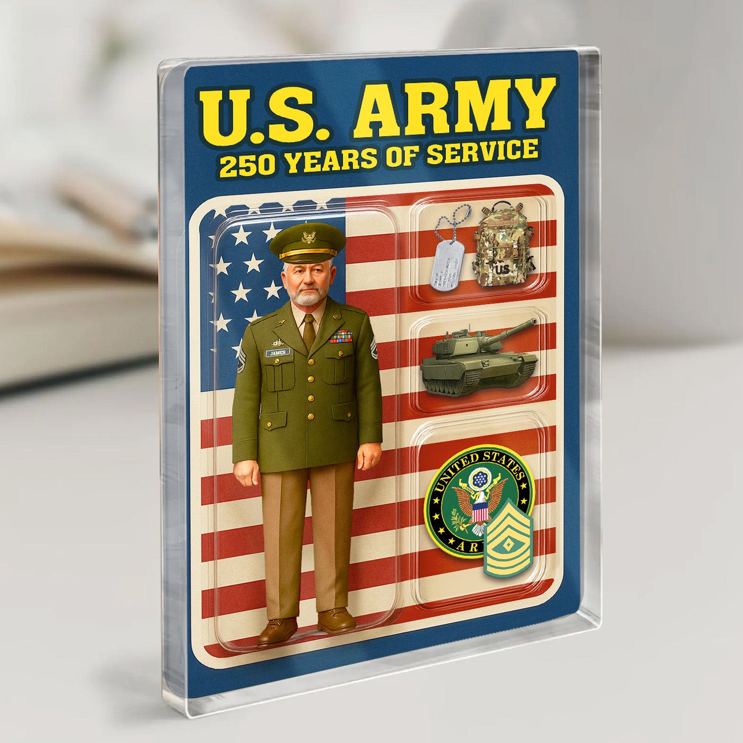 Personalized US Army 250th Years Of Service Custom Figure Army Green Service Uniform Acrylic Block