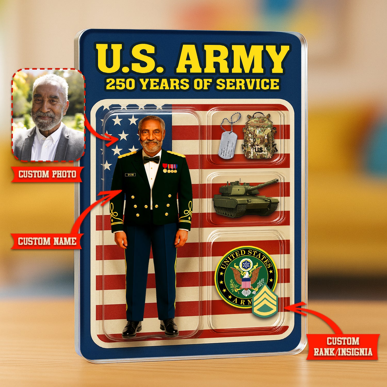 Personalized US Army 250th Years Of Service Custom Figure Male Army Officer Blue Mess Dress Uniform Acrylic Block
