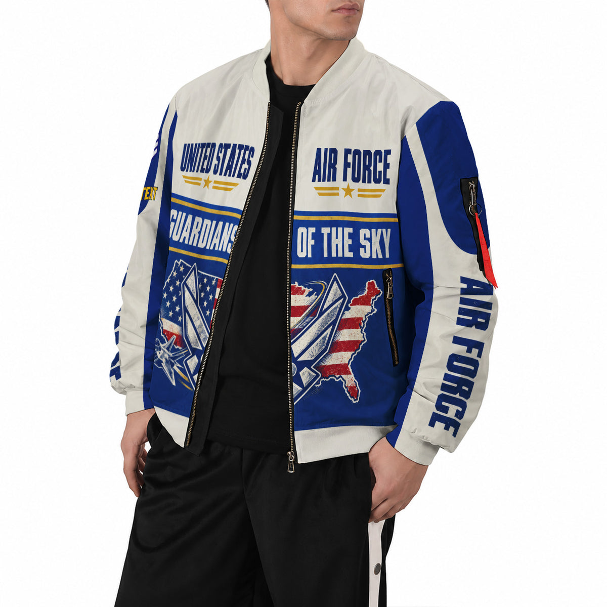 Personalized USAF Airman Bomber Jacket Custom Rank Text Military Veteran Gift