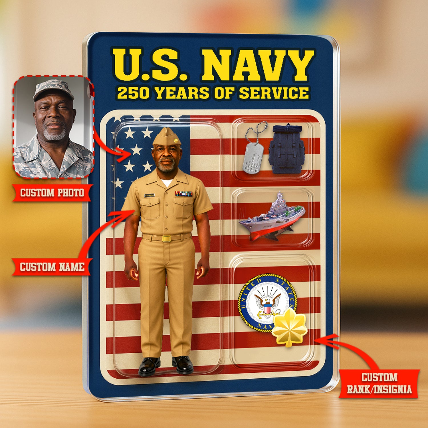 Personalized US Navy 250th Years Of Service Custom Figure Service Uniforms Acrylic Block