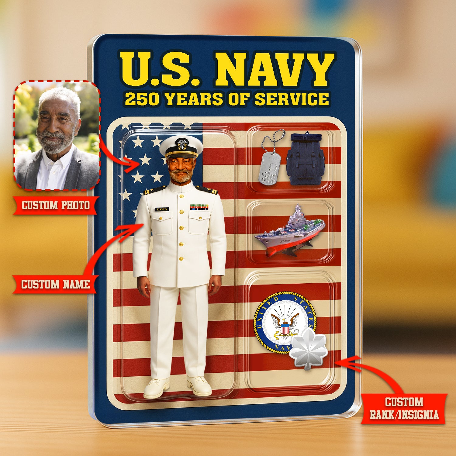 Personalized US Navy 250th Years Of Service Custom Figure Service Dress White Acrylic Block