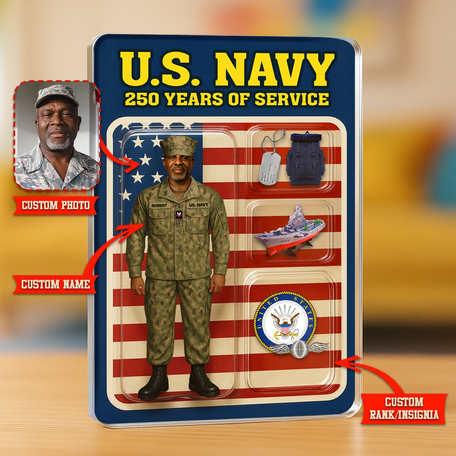 Personalized US Navy 250th Years Of Service Custom Figure Enlisted Working Uniform Acrylic Block