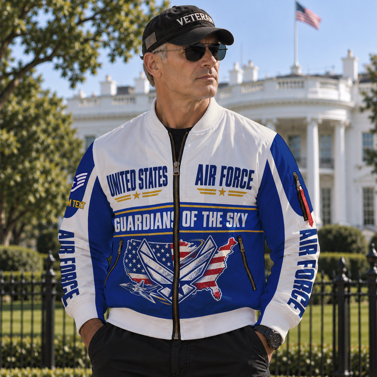 Personalized USAF Airman Bomber Jacket Custom Rank Text Military Veteran Gift