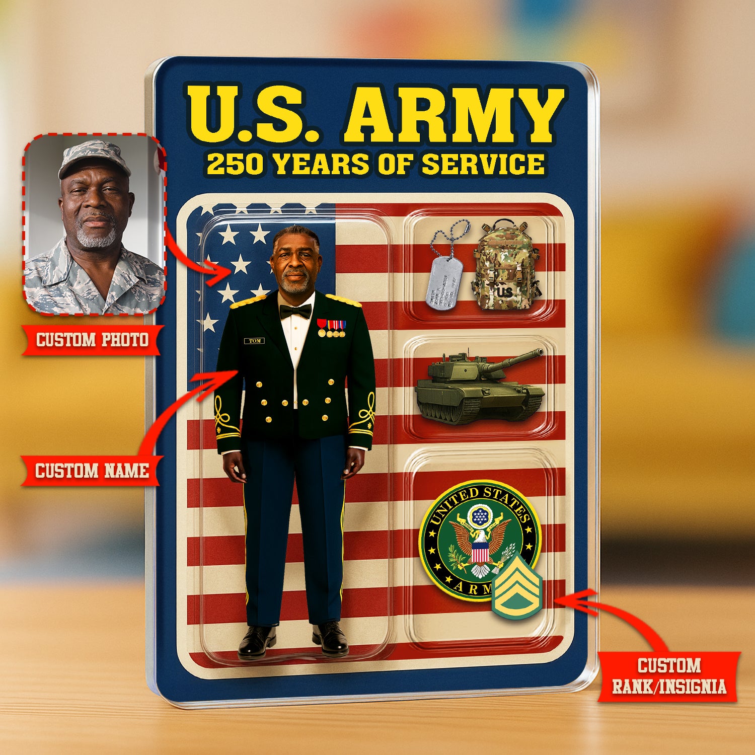 Personalized US Army 250th Years Of Service Custom Figure Male Army Officer Blue Mess Dress Uniform Acrylic Block
