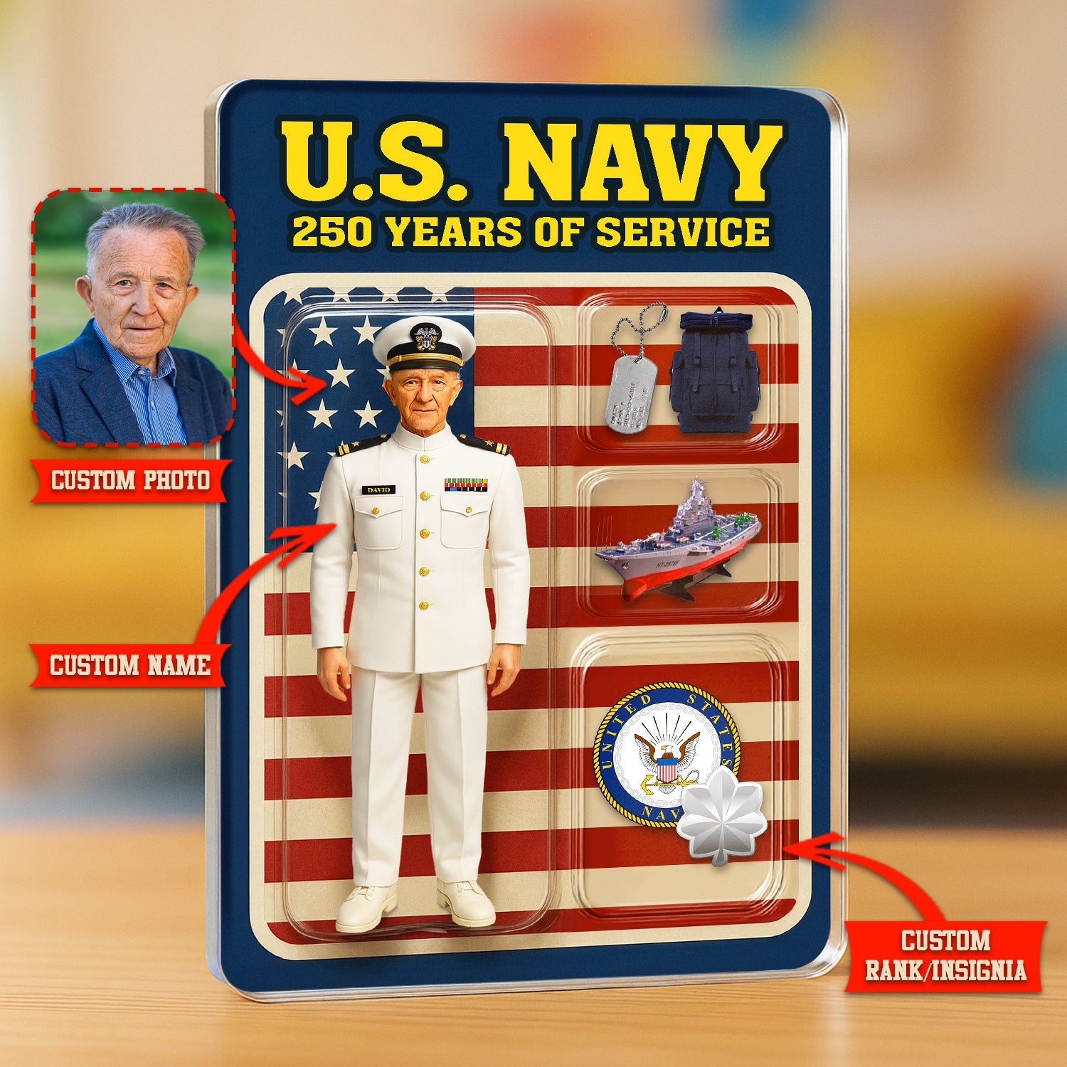 Personalized US Navy 250th Years Of Service Custom Figure Service Dress White Acrylic Block
